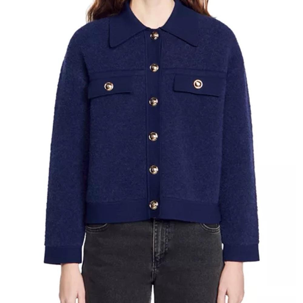 Sandro Dark Blue Button-Up Long Sleeve Wool Ted Coatigan Blazer